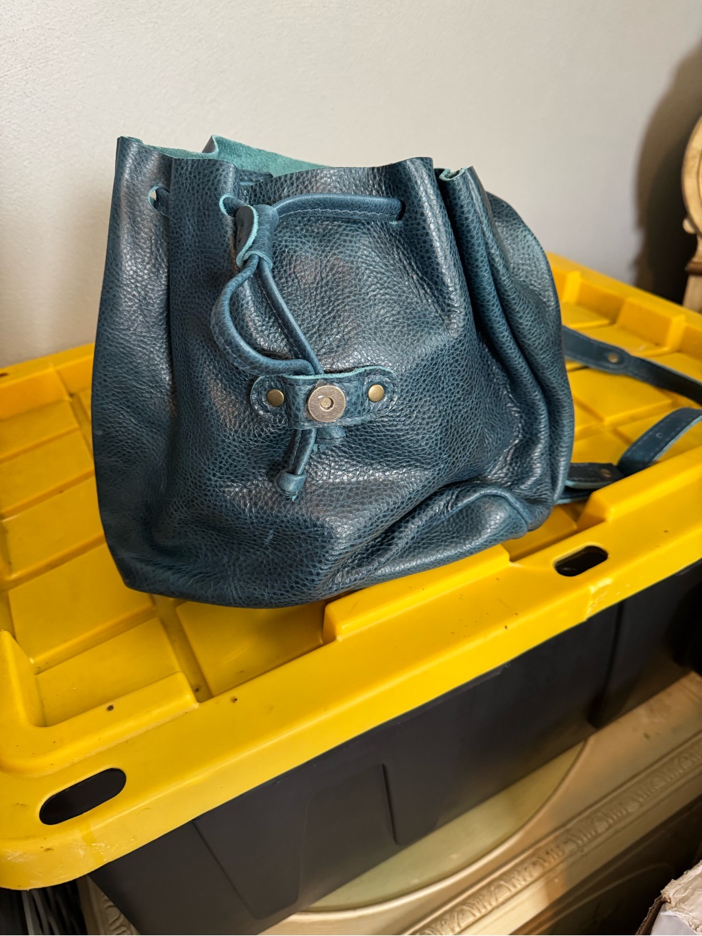 Portland Leather Teal Drawstring Bucket Bag